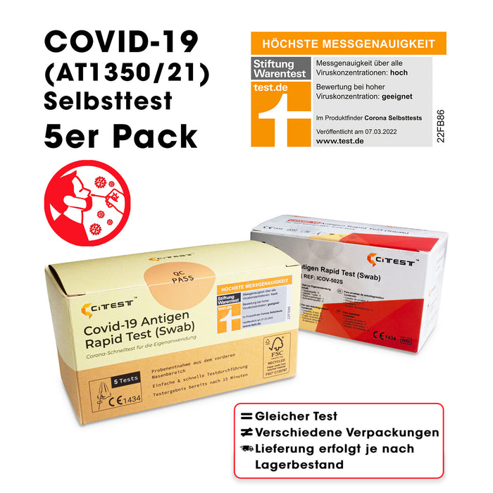 Citest Diagnostics Covid-19 Antigen Rapid Test Swab (AT1350/21) für den Heimgebrauch (Nasenabstrich) im 5er Pack. Frei Haus ab 50,00 €