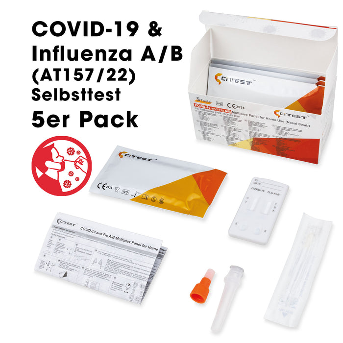 CITEST COVID-19 und Influenza A/B Multiplex-Panel (AT157/22) für den Heimgebrauch (Nasenabstrich) im 5er Pack.