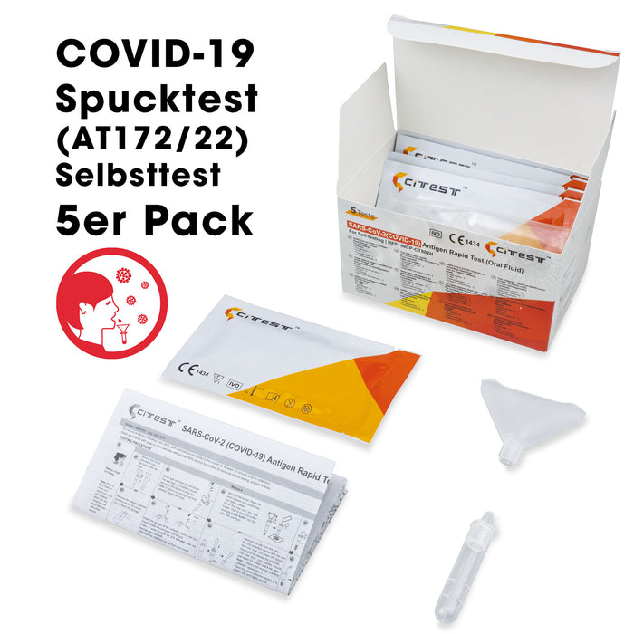 Citest Diagnostics Covid-19 Antigen Rapid Test Oral Fluid (AT172/22) für den Heimgebrauch (Spucktest / Speicheltest) im 5er Pack. Frei Haus ab 50,00 €