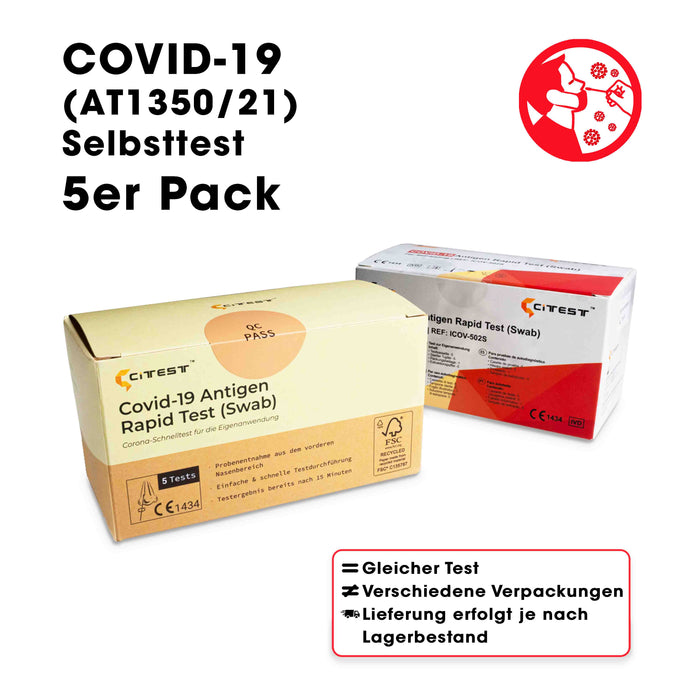 Citest Diagnostics Covid-19 Antigen Rapid Test Swab (AT1350/21) für den Heimgebrauch (Nasenabstrich) im 5er Pack. Frei Haus ab 50,00 €