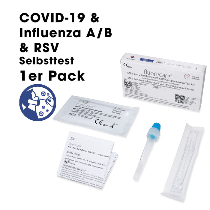 Fluorecare 4in1 Kombi-Laientest SARS-CoV-2, Influenza A/B und RSV für den Heimgebrauch (Nasenabstrich) im 1er Pack. Frei Haus ab 50 €.