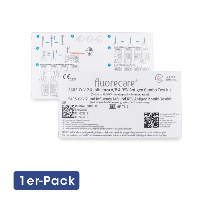 Fluorecare 4in1 Kombi-Laientest SARS-CoV-2, Influenza A/B und RSV für den Heimgebrauch (Nasenabstrich) im 1er Pack. Frei Haus ab 50 €.