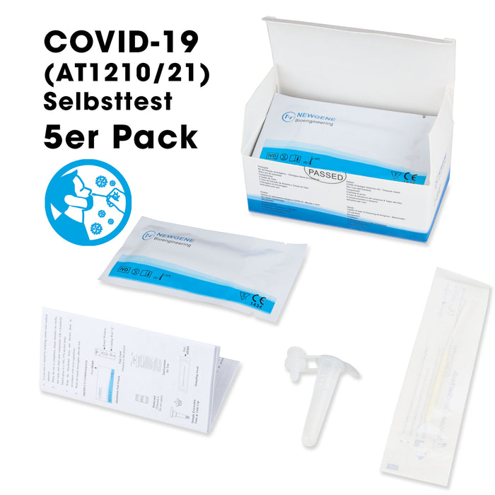 NEWGENE COVID-19 Antigen Test Kit – Nasal Swab (AT1210/21) für den Heimgebrauch (Nasenabstrich) im 5er Pack. Frei Haus ab 50,00 €