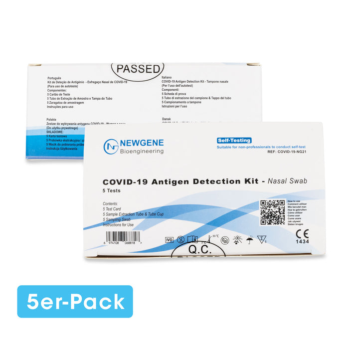 NEWGENE COVID-19 Antigen Test Kit – Nasal Swab (AT1210/21) für den Heimgebrauch (Nasenabstrich) im 5er Pack. Frei Haus ab 50,00 €